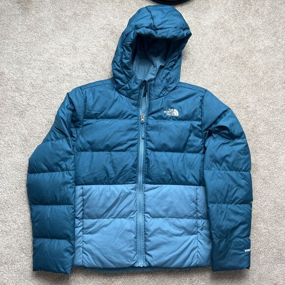 The North Face 550 Puffer Jacket Girls XL 18 Reversible Blue Colorblock Coat